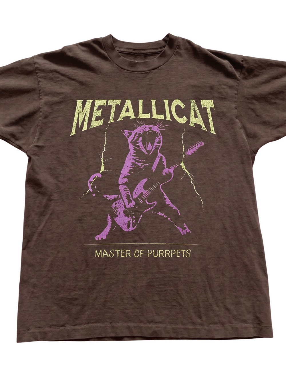Gildan Brown Tee with Purple & Yellow Graphic - 'Metallicat' Gift For All